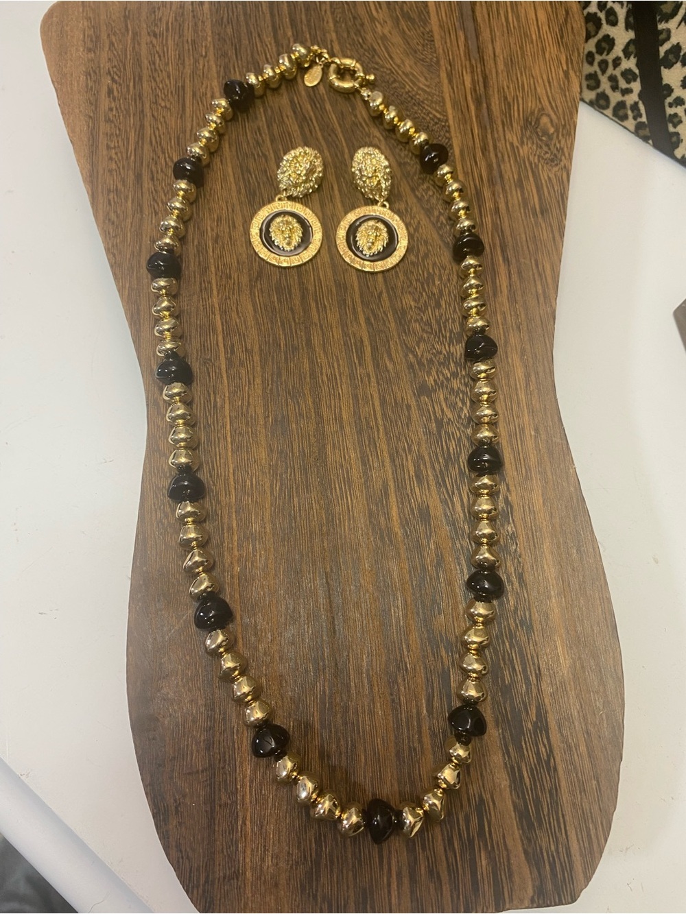 Vintage Francesca Visconti Gold & Black Beaded Necklace with Lion Greek Earrings